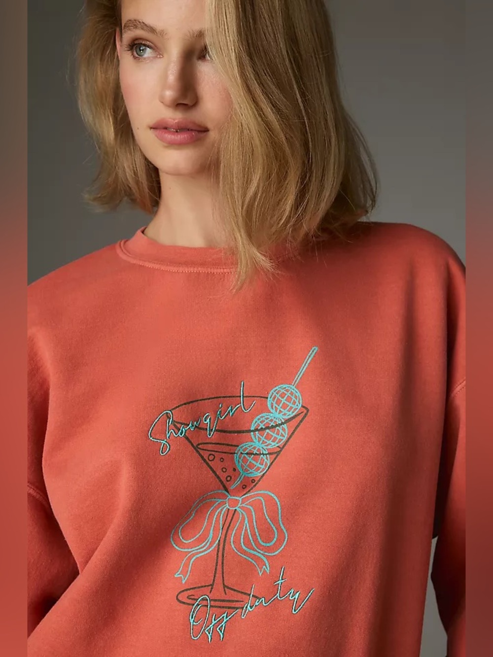 Anthropologie Showgirl Off Duty Martini Bow Graphic Sweatshirt Coral M Retro